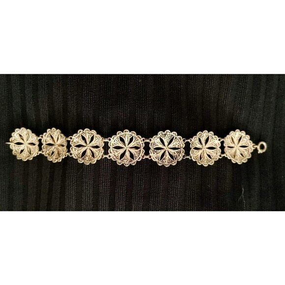 Jewelry - Vintage Floral Filigree Silver Color Link Bracelet 7 1/4"